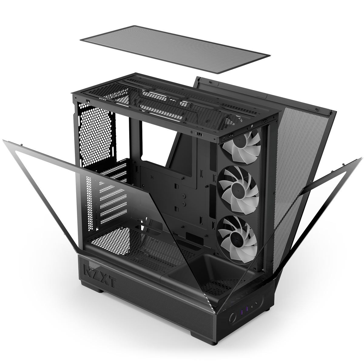 NZXT S5 RGB black, exploded view showing the steel chassis, glass panels and removable PVC mesh filters
