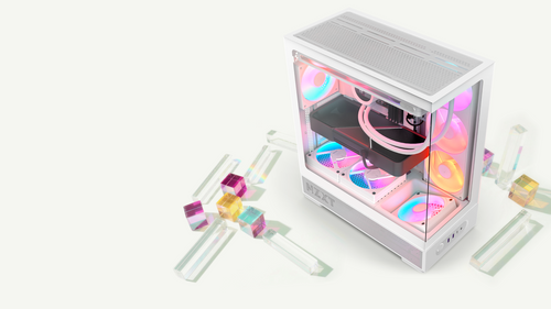 NZXT S5 RGB white mid-tower case with RGB fans — PC Components menu promo