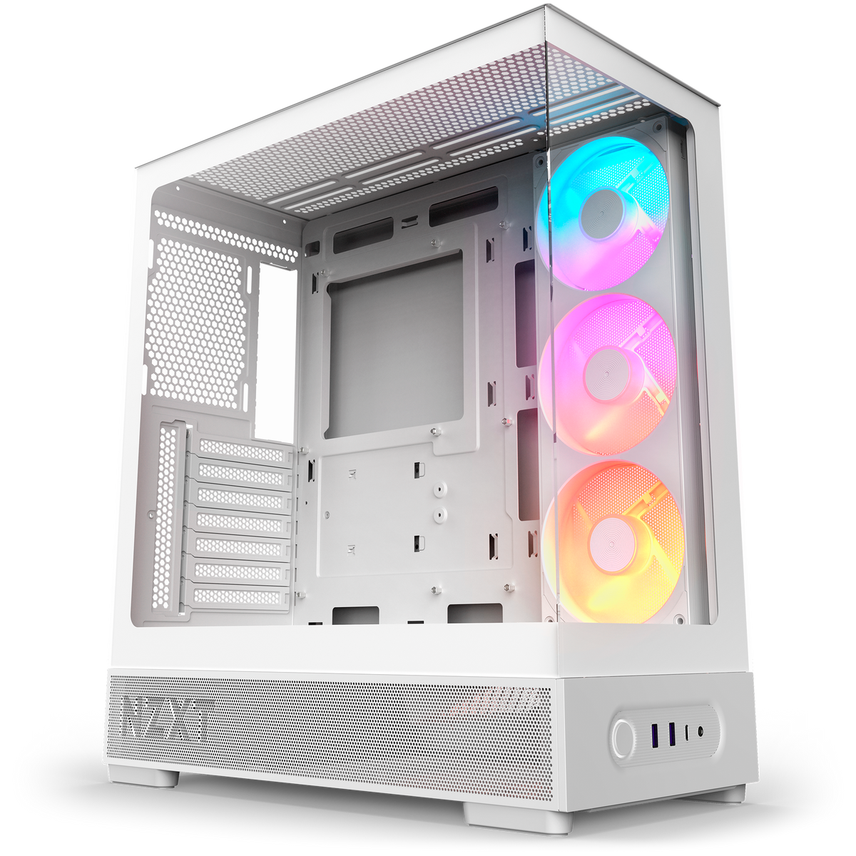 NZXT S5 RGB white, hero angle with the 360 mm single-frame RGB reverse fan showing clean blades through the panoramic glass