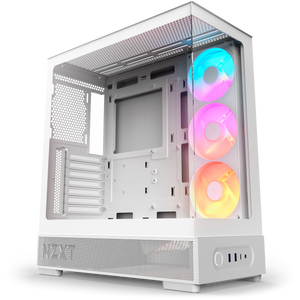 NZXT S5 RGB white, hero angle with the 360 mm single-frame RGB reverse fan showing clean blades through the panoramic glass