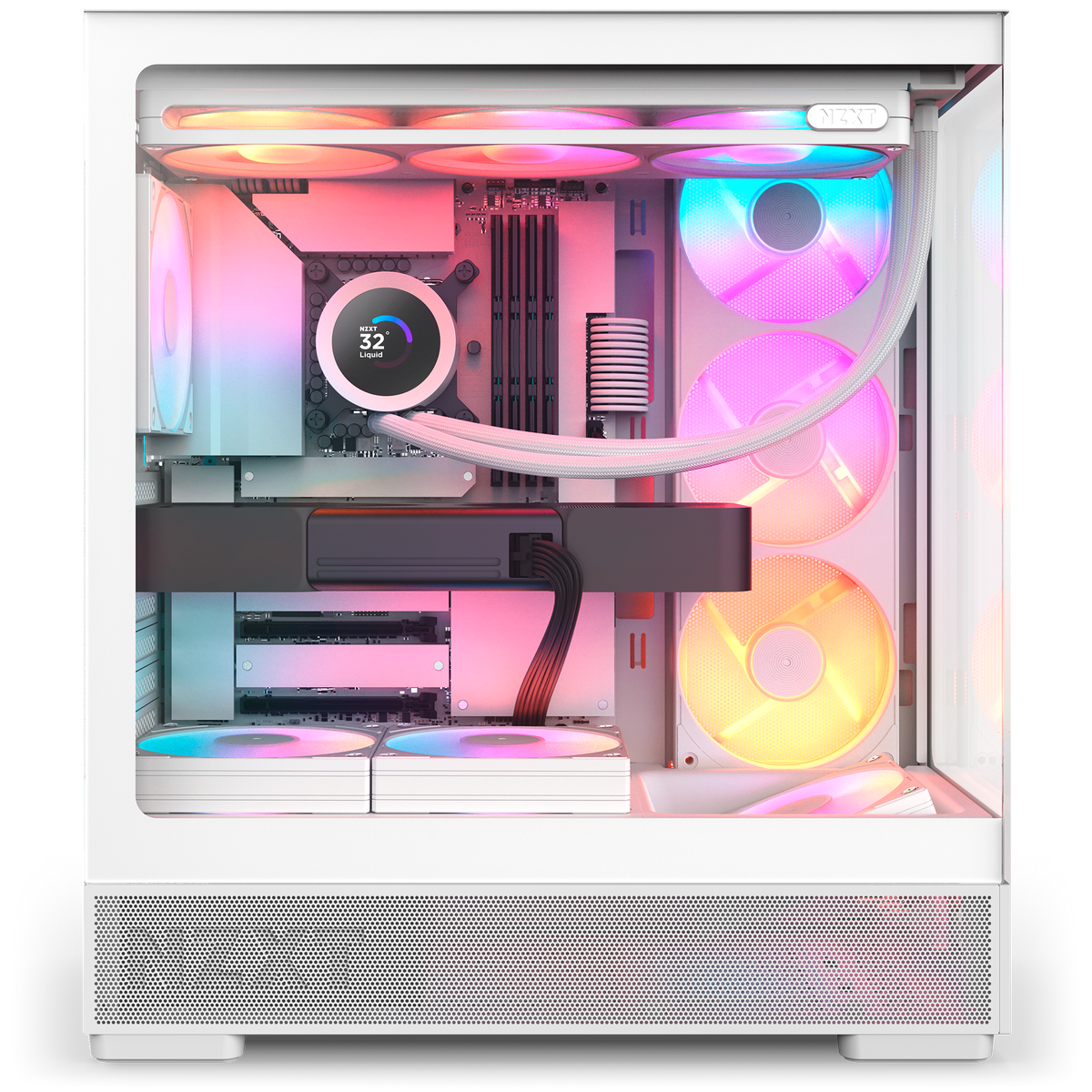 NZXT S5 RGB white, left side tempered glass panel opening a panoramic view of the build