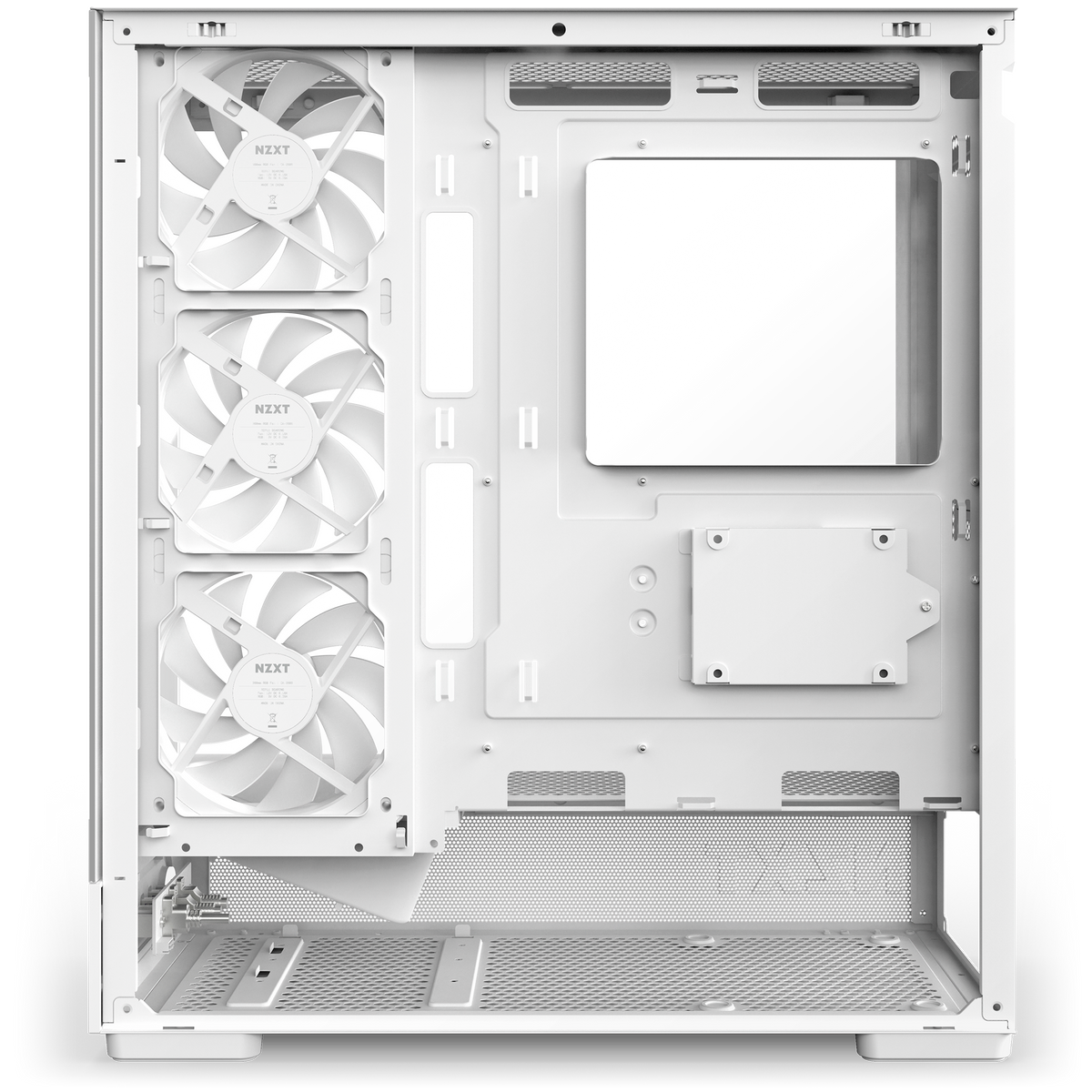 NZXT S5 RGB Deluxe white with the right panel removed, showing cable routing space behind the motherboard