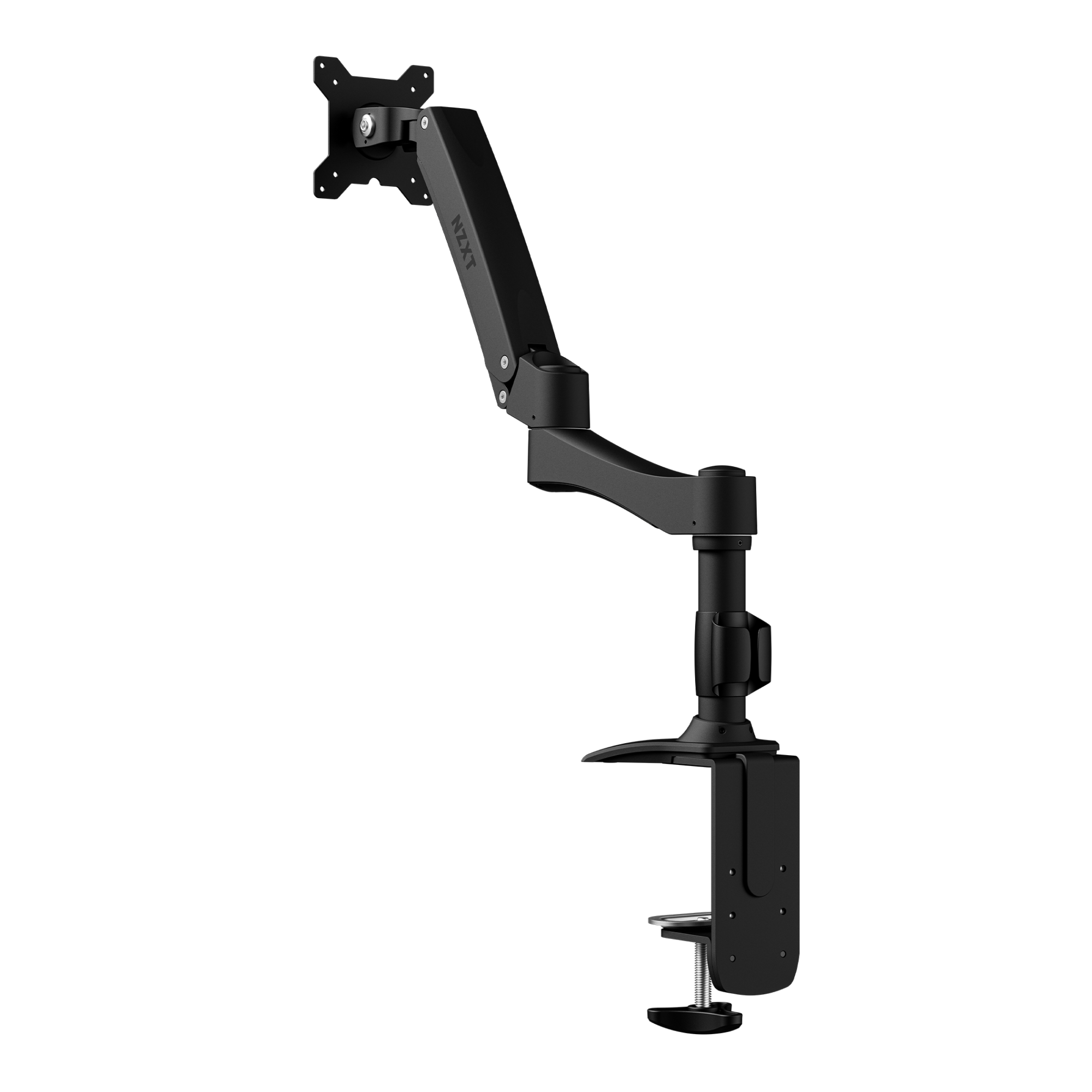 The NZXT Single Monitor Arm is a black, flexible desk-mounted arm with a clamp base—perfect for cable management and supporting your monitor, shown extended against a solid black background.