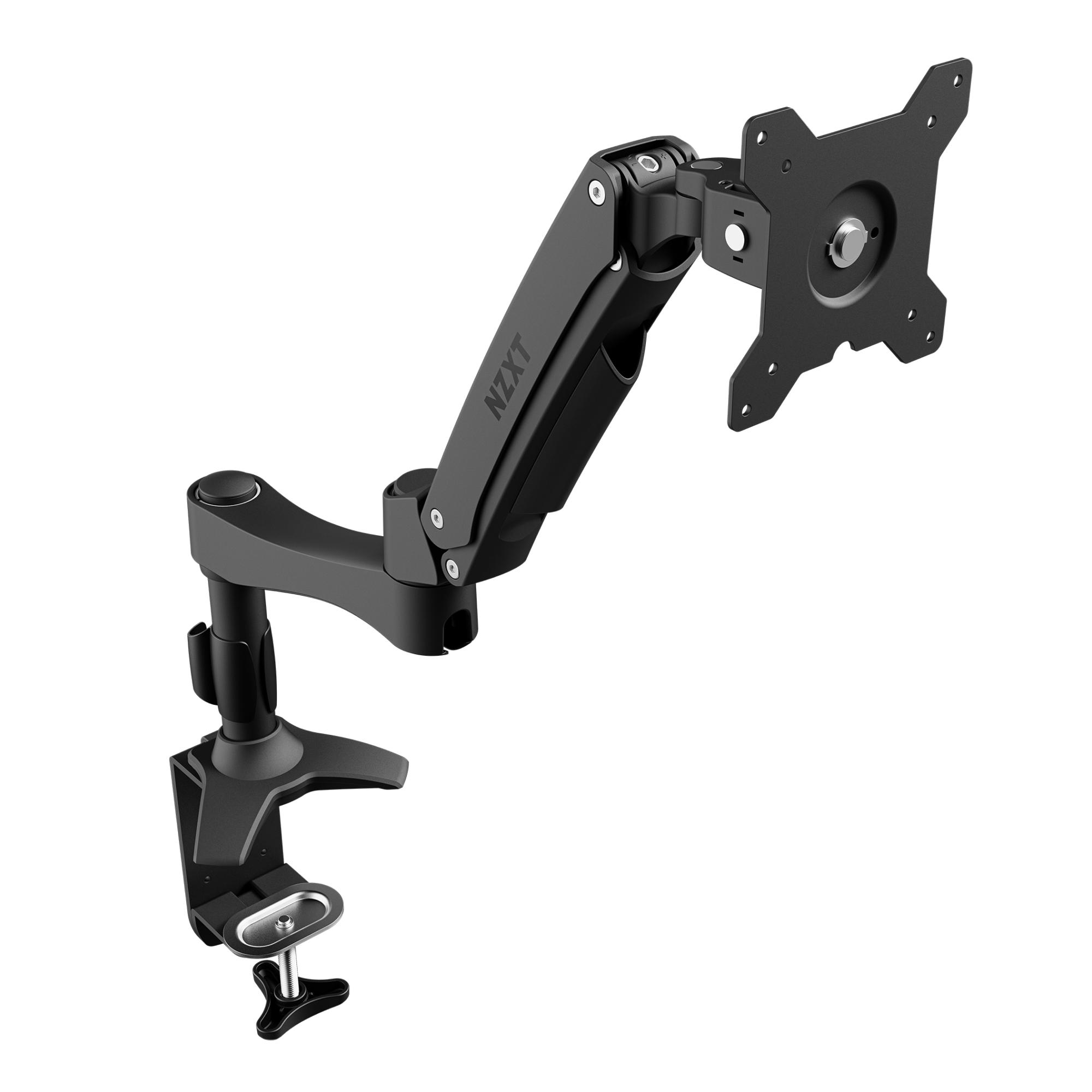 The NZXT Single Monitor Arm is a black, adjustable desk mount with a clamp base and VESA plate, offering flexible positioning and efficient cable management for attaching your computer monitor.