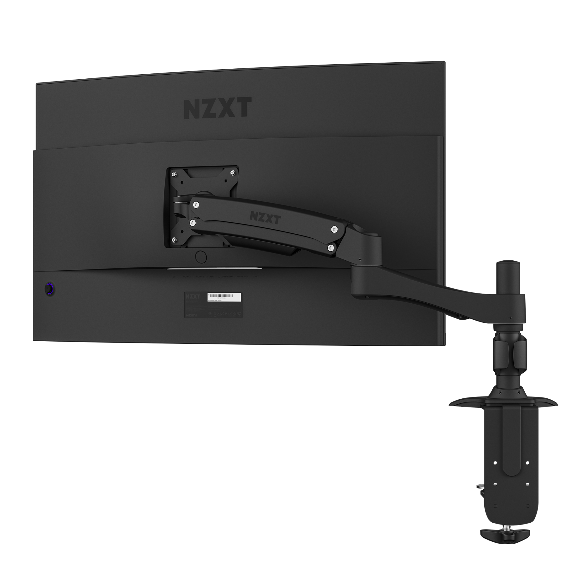 An NZXT Single Monitor Arm supports a black NZXT monitor from behind, clamped to a desk edge. The arm offers flexible positioning and cable management, keeping your single display setup neat and organized.