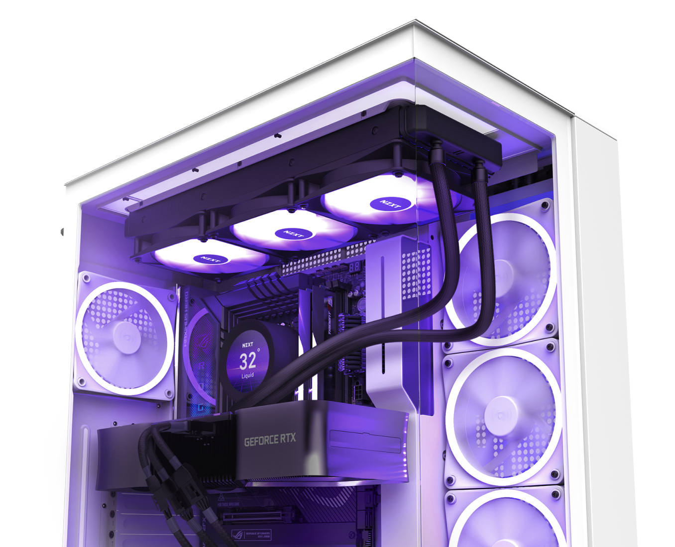 A white desktop PC case with RGB fans and liquid cooling tubes, featuring a GeForce RTX graphics card and glowing purple LED lighting throughout the interior.