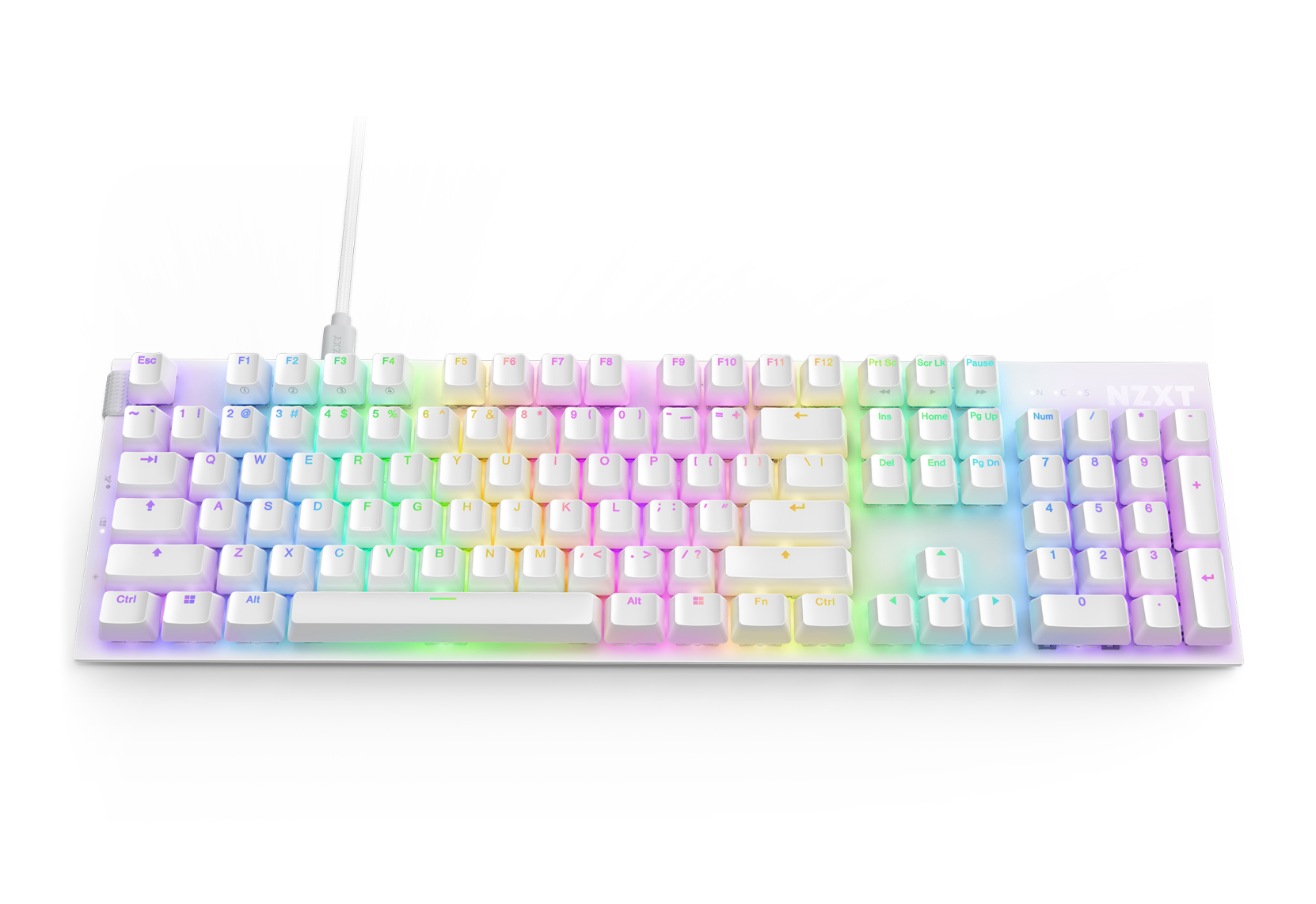 A white mechanical keyboard with RGB backlighting displaying a rainbow of colors, connected by a white USB cable, set against a black background.