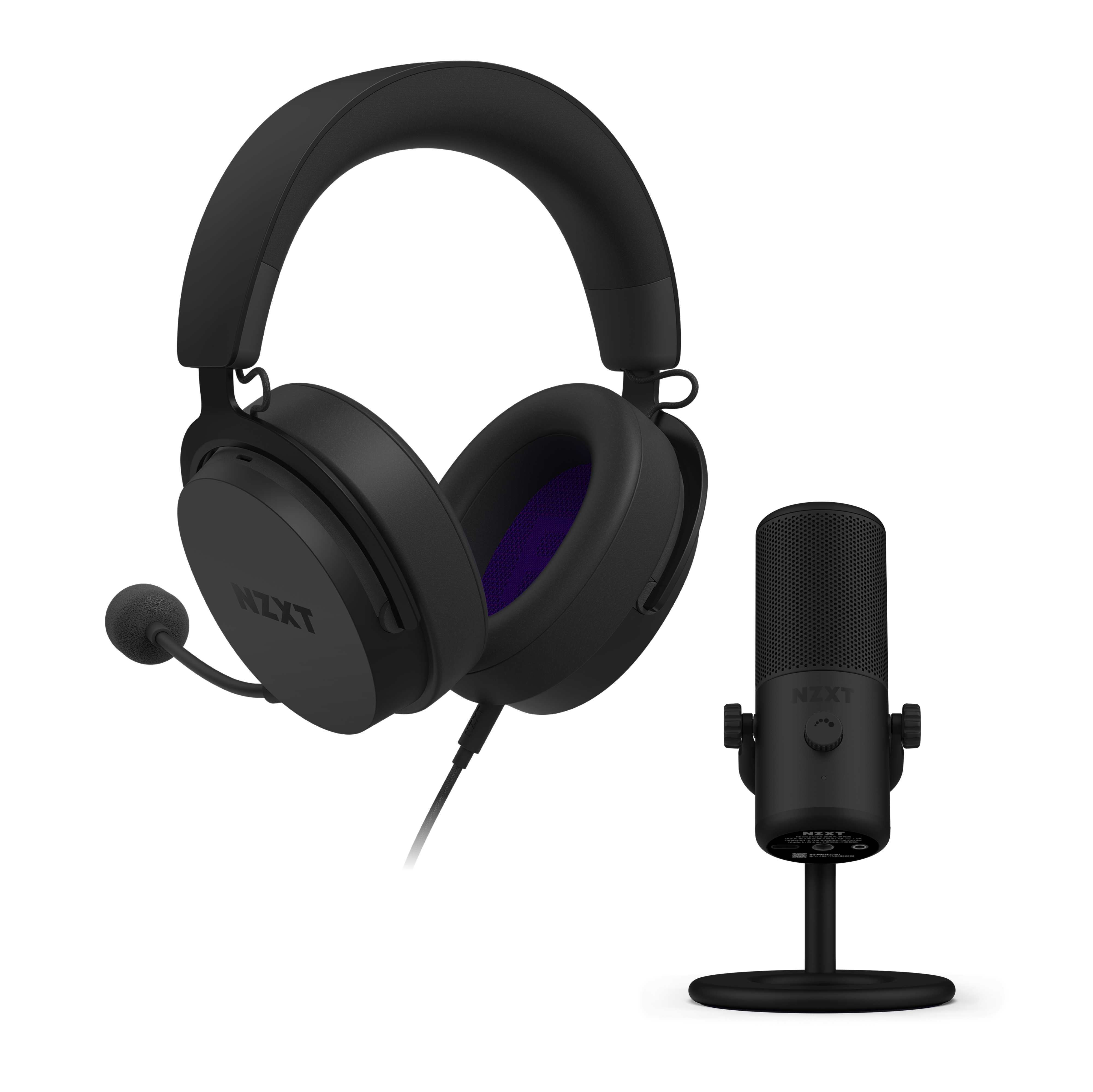 A black NZXT gaming headset with a microphone attached and a matching black NZXT desktop microphone on a stand, both displayed against a black background.