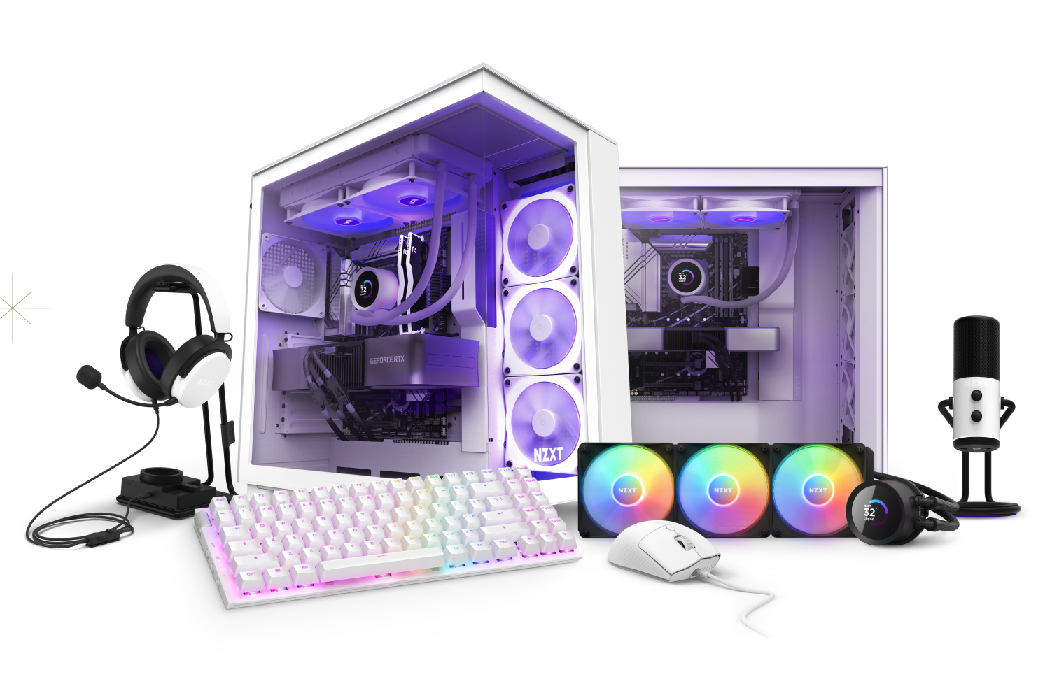 A white gaming PC setup with RGB lighting, featuring two desktop towers, headphones, microphone, RGB keyboard, mouse, and three RGB-lit cooling fans, all displayed on a white background.