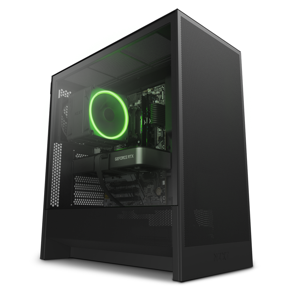 The NZXT Refurbished Player One Prime - #8694 is a sleek black PC tower featuring a transparent side panel, showcasing its GeForce RTX graphics card and CPU cooler with green LED ring—a great choice for high-performance prebuilt PCs.