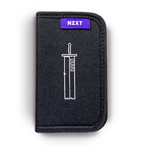 The NZXT BLD Toolkit is a black fabric pouch featuring a white syringe line drawing on the front and a small purple NZXT label, ideal for storing screwdriver bits from your PC building kit.