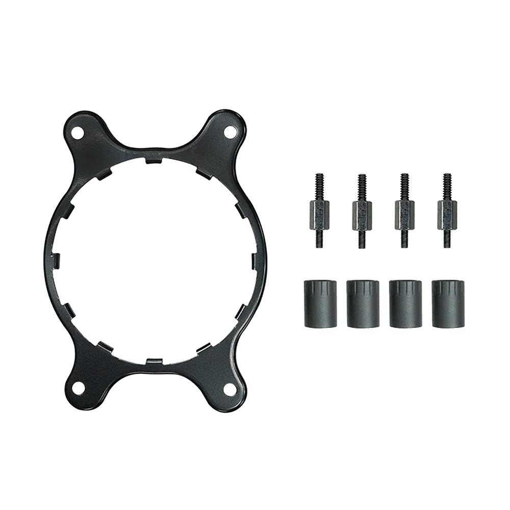 The NZXT Kraken XZ AM5 Upgrade Kit, including a CPU cooler mounting bracket, four screws, and four cylindrical spacers, is neatly arranged on a white background.