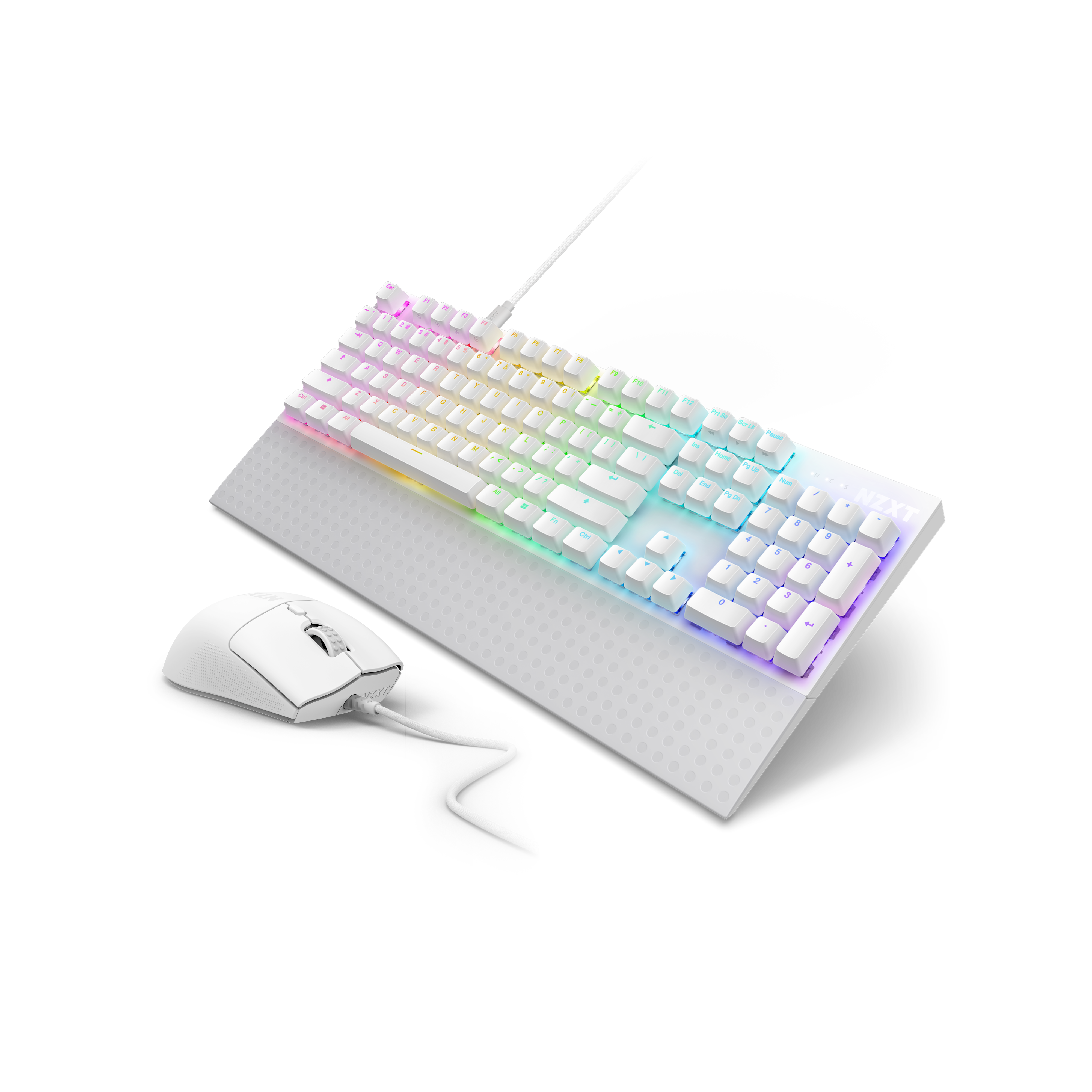 A white wired gaming keyboard with RGB backlighting in pastel colors sits on a white mat next to a matching white wired mouse, all on a black background.