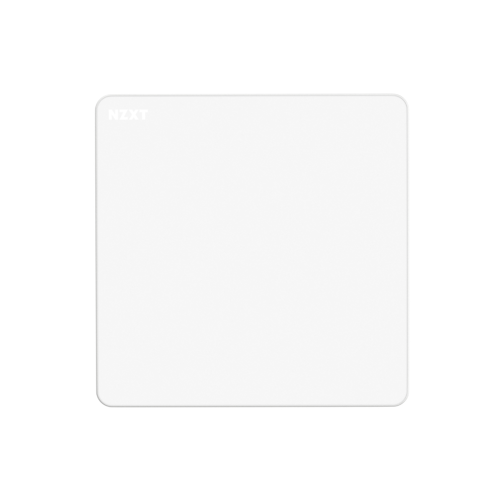 The NZXT Zone is a white, square mousepad with rounded corners and the NZXT logo in the top left corner. Shown on a white background with a soft shadow, it features a spill-resistant coating for extra durability.