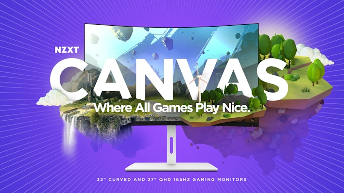Image of NZXT Canvas QHD Monitor on a purple background with diverse scenery displayed