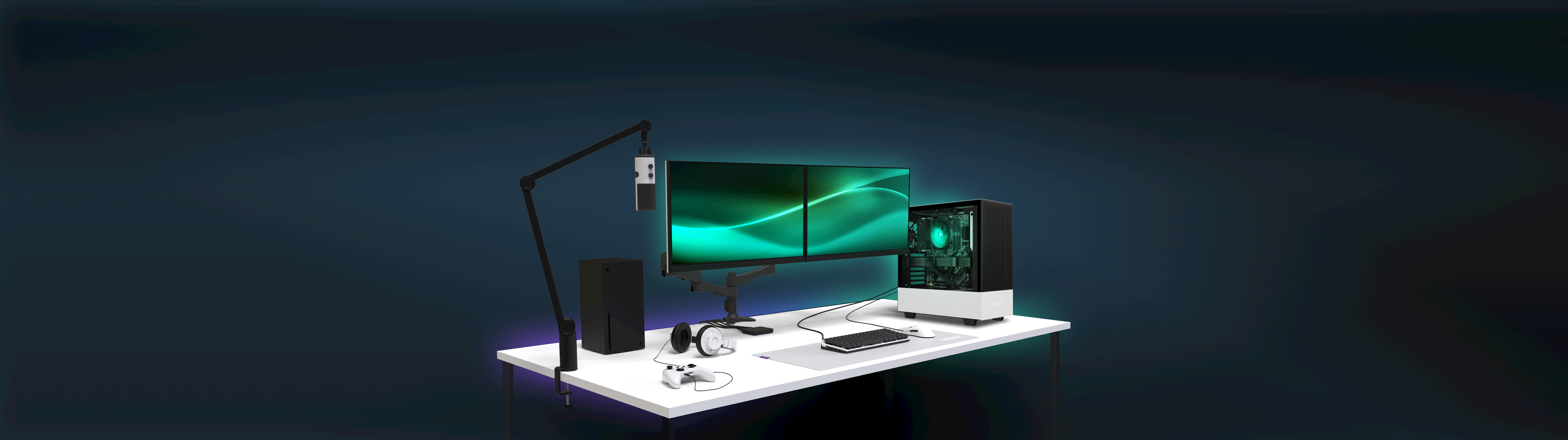 Custom NZXT Gaming PC Desk featuring Exclusive H510 PC, Dual Canvas 27Q QHD 165Hz Monitors, Capsule Microphone, Boom arm, Signal Capture Card, Function Keyboard and Lift Mouse
