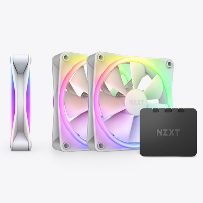 F120 RGB Duo Fan Triple Pack and RGB Controller viewed from a left-side angle- White