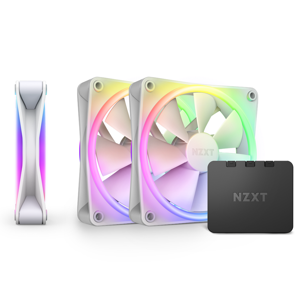 F120 RGB Duo Fan Triple Pack and RGB Controller viewed from a left-side angle- White