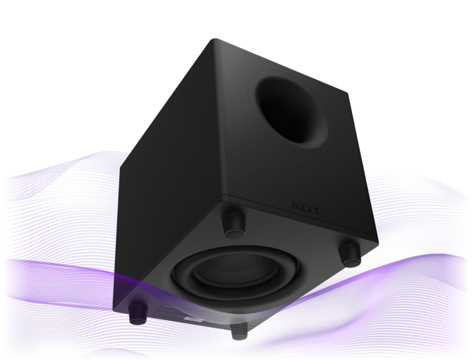 Relay Subwoofer shown elevated from the bottom highlighting the 6.5 inch down-firing driver
