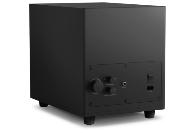 Relay Subwoofer shown from the back including the volume knob, sub input and power switch - highlighting the cross-over and phase adjustment knobs