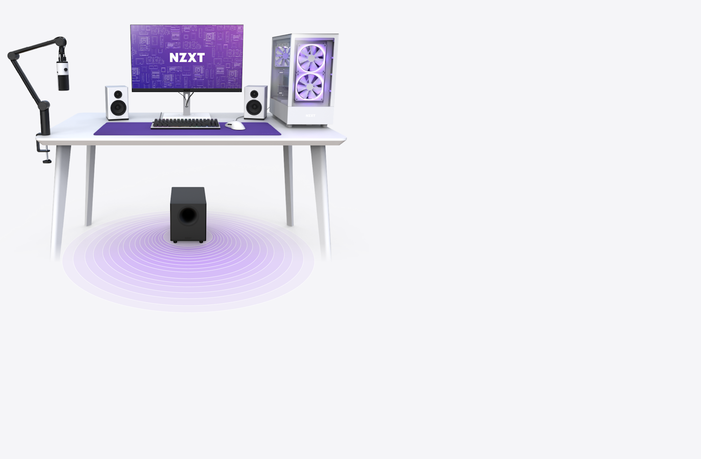 A desk setup with NZXT products highlighting the placement of the Relay Subwoofer below the desk with audio waves emanating from the down-firing driver.