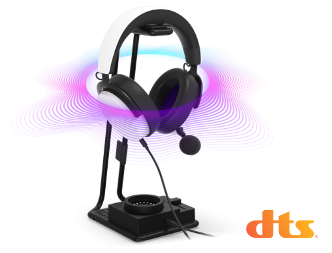 Spatial sound waves emanating from headset in 3D with the DTS logo