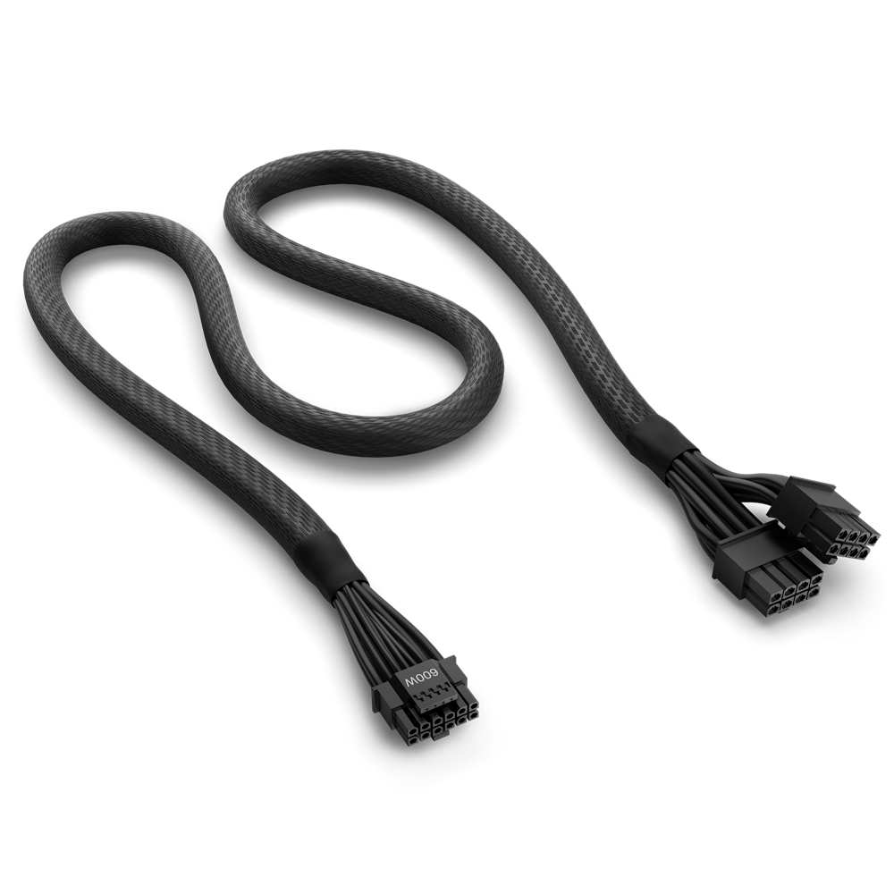 Full view of the black 12VHPWR braided cable showing the 16-pin 600W connector and the PCIe 5.0 Dual 8-Pin Connectors