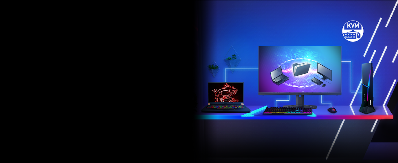 Control and transfer files between multiple connected devices with one set of mouse, keyboard, and MSI gaming monitor.