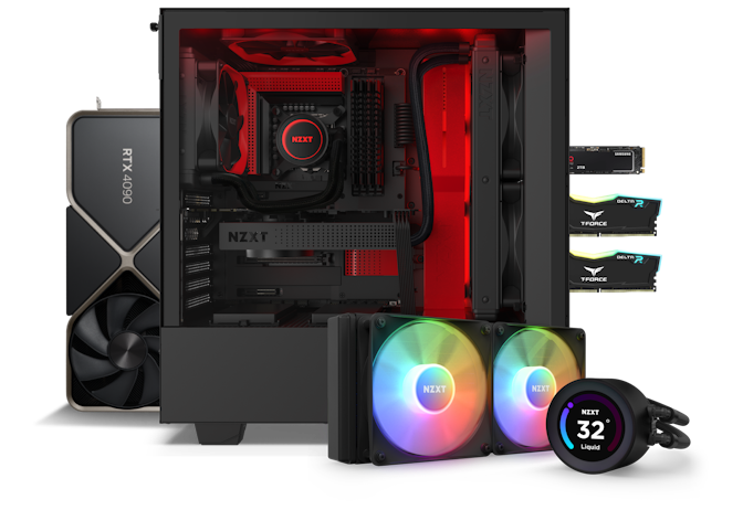 NZXT Custom PC in Black/Red with GPU, Kraken Cooler, RAM, SSD