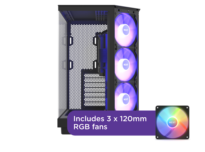 Empty H6 Flow RGB from the front view with a call out mentioning the included 3 x 120mm fans.
