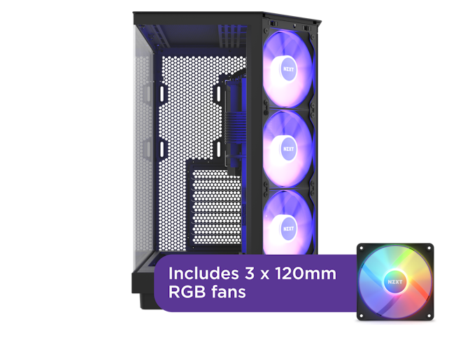 H6 Flow RGB trống từ chế độ xem phía trước với lời kêu gọi đề cập đến quạt 3 x 120mm đi kèm.