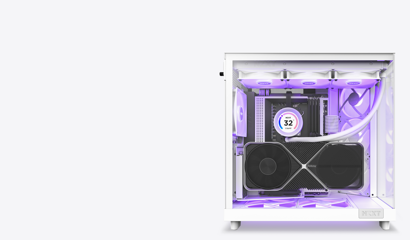 H6 Flow RGB shown from the side through glass to the motherboard tray and pre-installed 120mm angled fans.