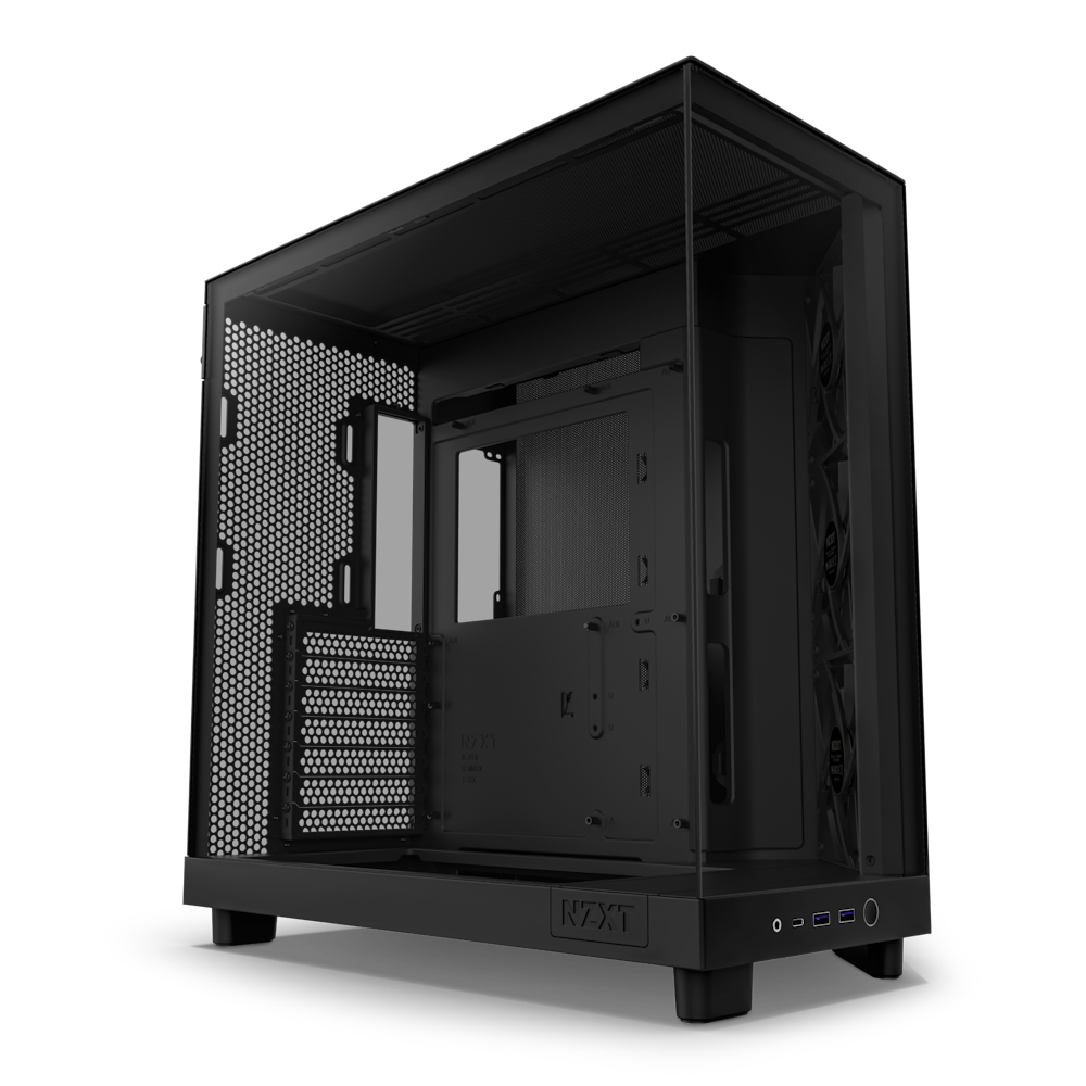 H6 Flow shown from the side through glass to the motherboard tray and pre-installed 120mm angled fans.