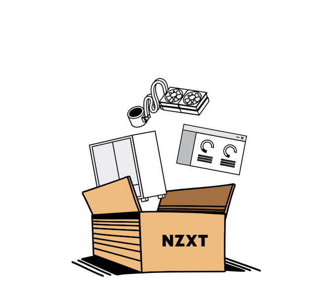 Box showing the full range of NZXT products, software, and services