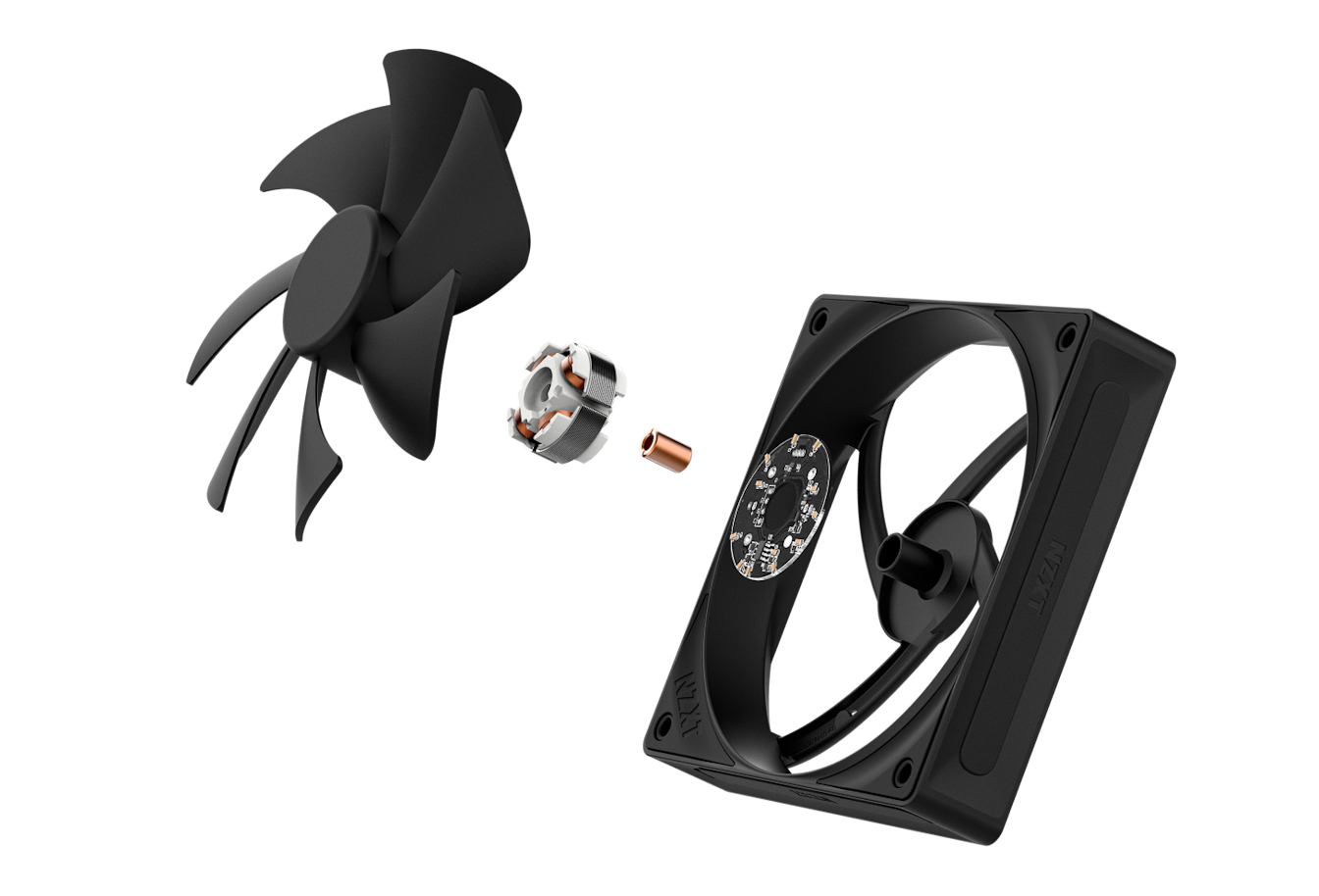 Exploded view of black static pressure fan showing internal components