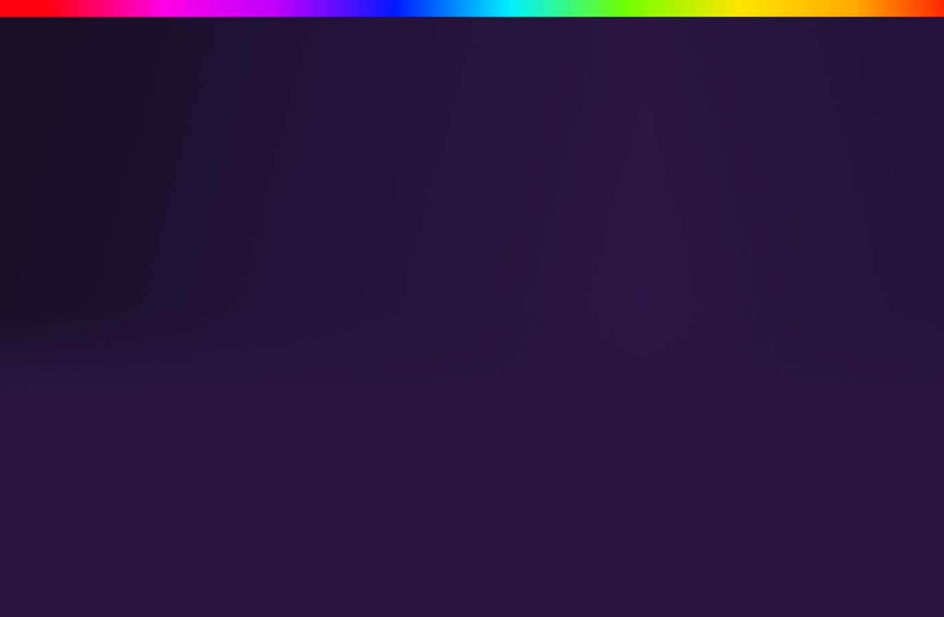 Dark purple background with a rainbow gradient bar at the top