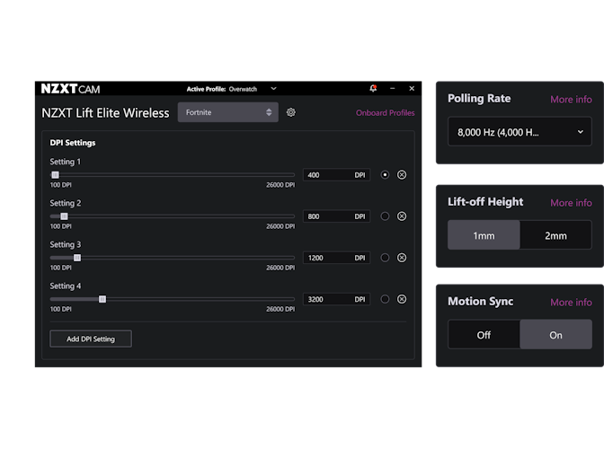 CAM software featuring customization options for Lift Elite Wireless