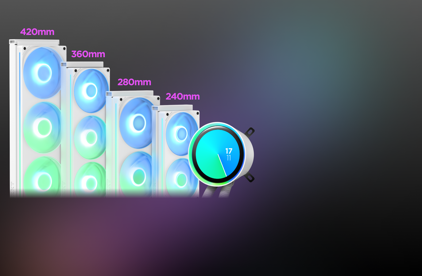Lineup of Kraken Elite RGB Sizes - 240mm, 280mm, 360mm, and 420mm