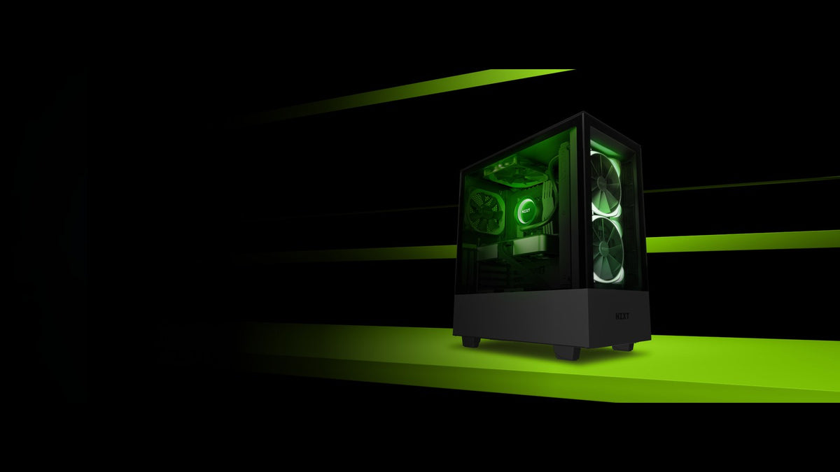 Black NZXT mid-tower case with a glass panel and green-lit fans and AIO cooler, set against green light streaks