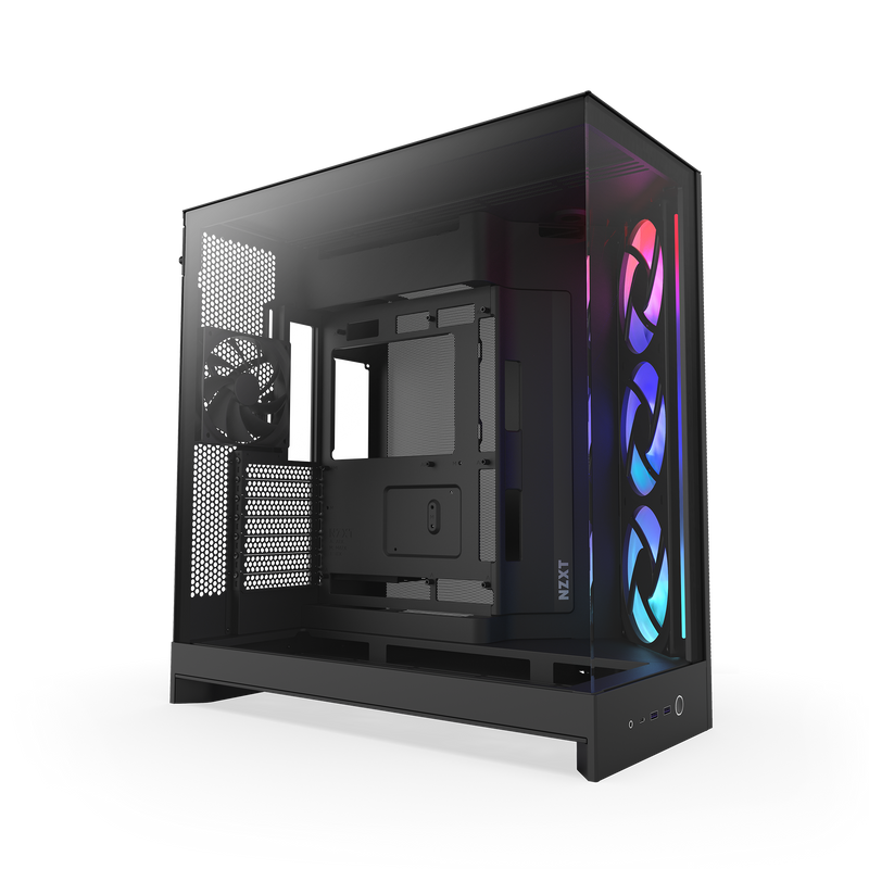 A black NZXT computer case with tempered glass panels, visible RGB fans on the front, an empty interior for components, and a mesh rear panel, shown on a white background.