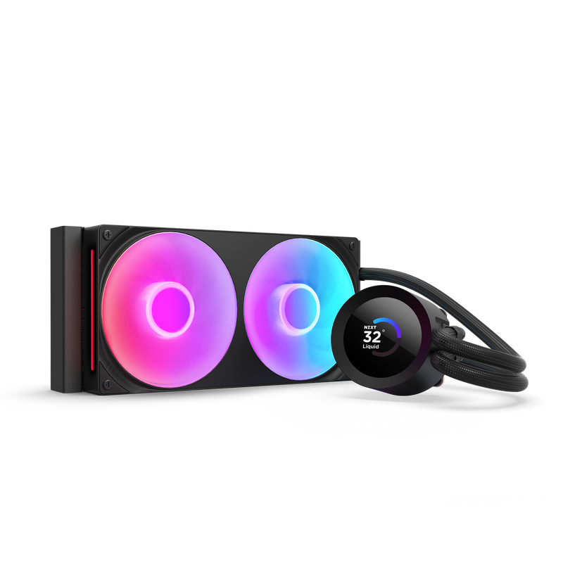 The NZXT Kraken Plus 240 RGB features two RGB fans and a Turbine pump with an LCD showing 32°C, all connected by braided tubing for efficient, stylish cooling.