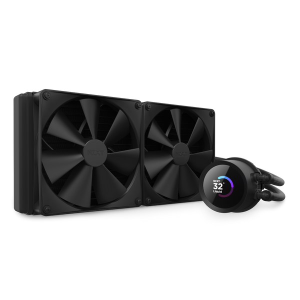 The NZXT Kraken 280 is a black dual-fan liquid CPU cooler featuring two large fans and a circular pump with a digital display for temps and liquid levels, effortlessly managed via NZXT CAM software.