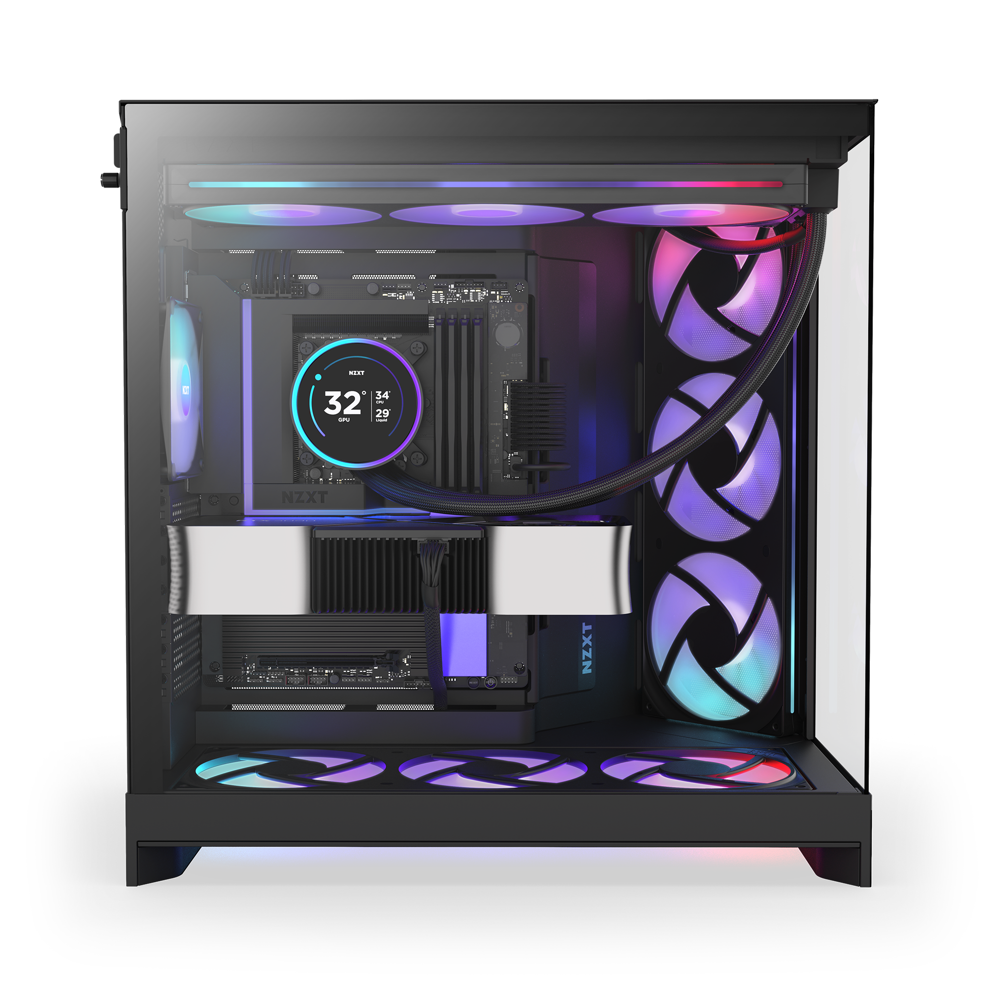 A sleek gaming PC with RGB lighting, glass side panel, three front fans, three top fans, two bottom fans, and a visible liquid cooling system displaying a CPU temperature of 32°C.