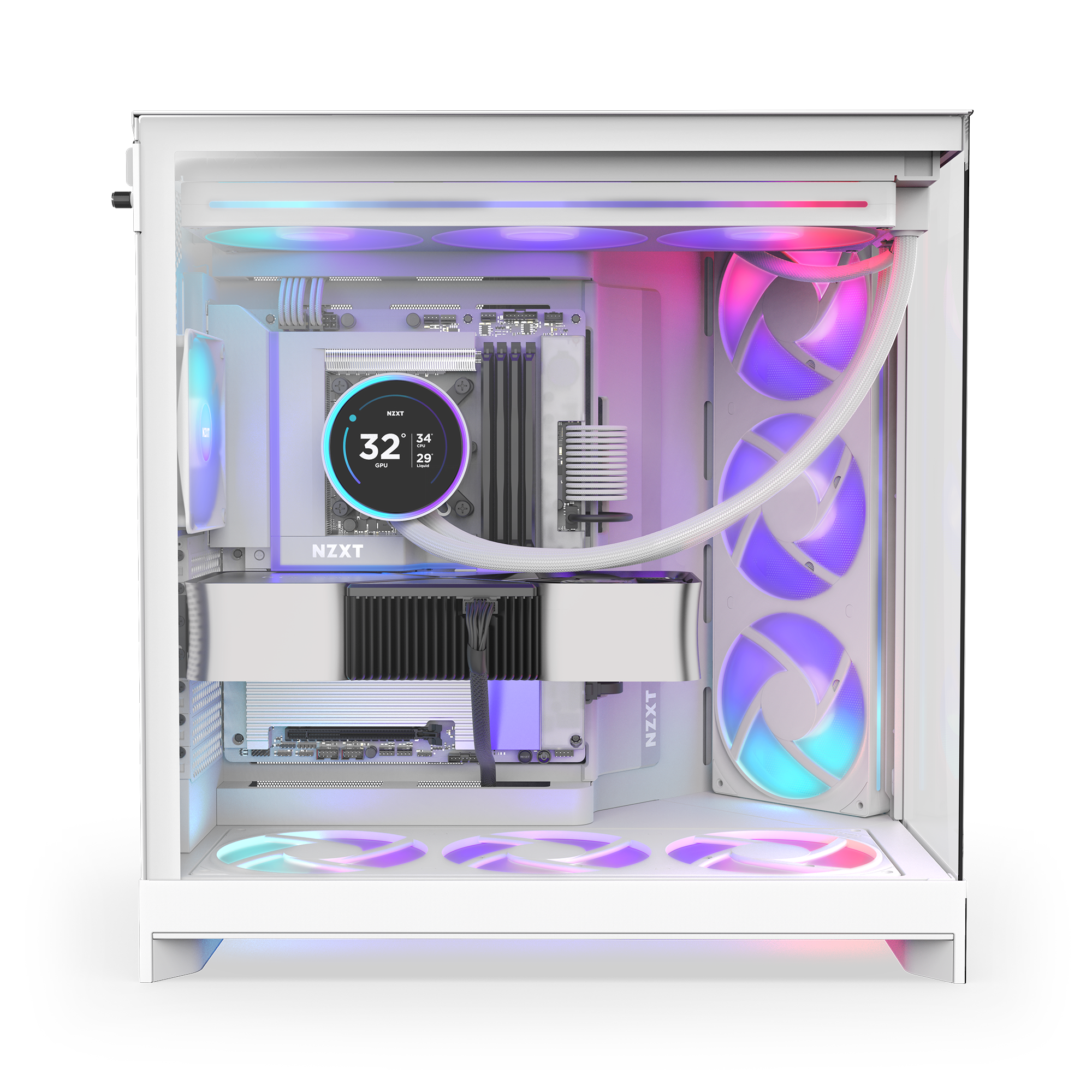 A white gaming PC with RGB lighting, visible cooling fans, liquid cooling tubes, and a digital display on the CPU cooler showing temperature. The interior is clean and organized with NZXT branding.