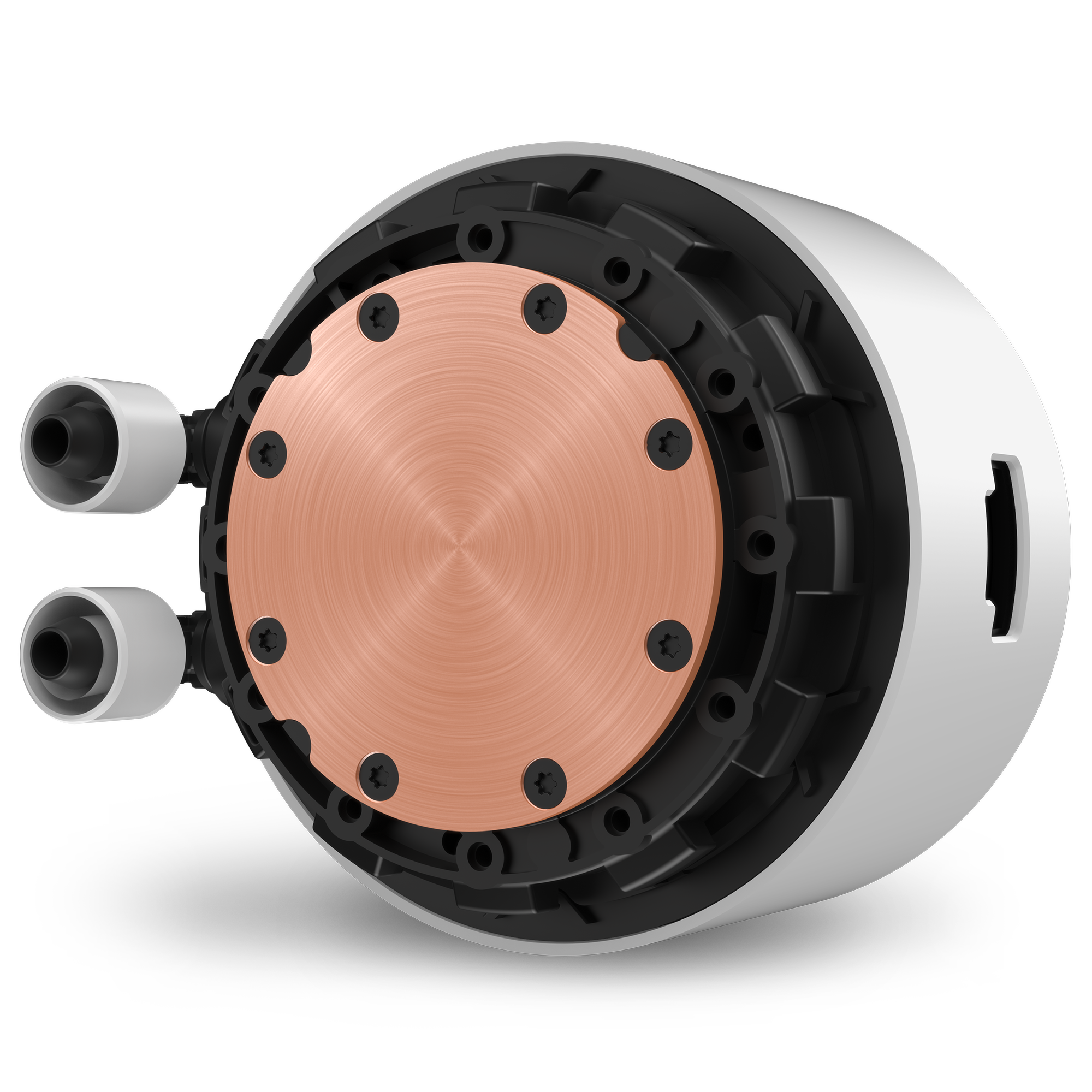 A close-up view of the NZXT Kraken Elite 240 RGB (2023) liquid cooling pump, featuring a circular copper base, black mounting bracket, two tube connectors on the left, and a white exterior housing on the right.