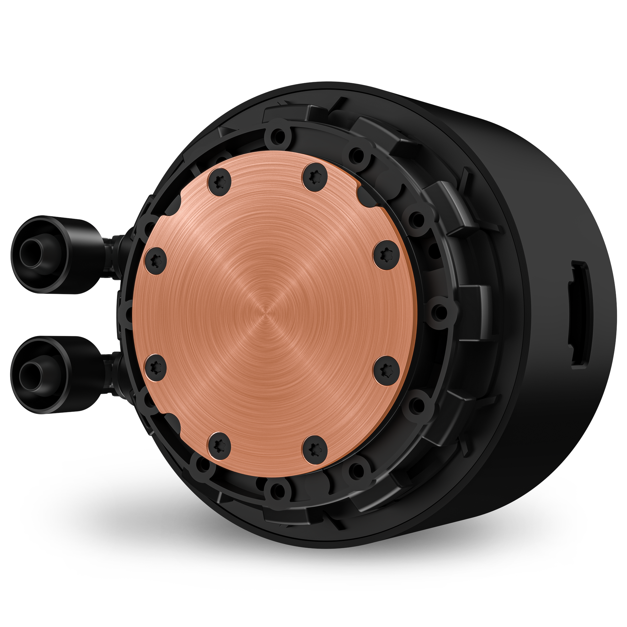 Close-up of the NZXT Kraken Elite 240 RGB (2023): a circular black device with a central copper plate, brushed metal texture, multiple screws around the edge, and two cylindrical connectors on the side.