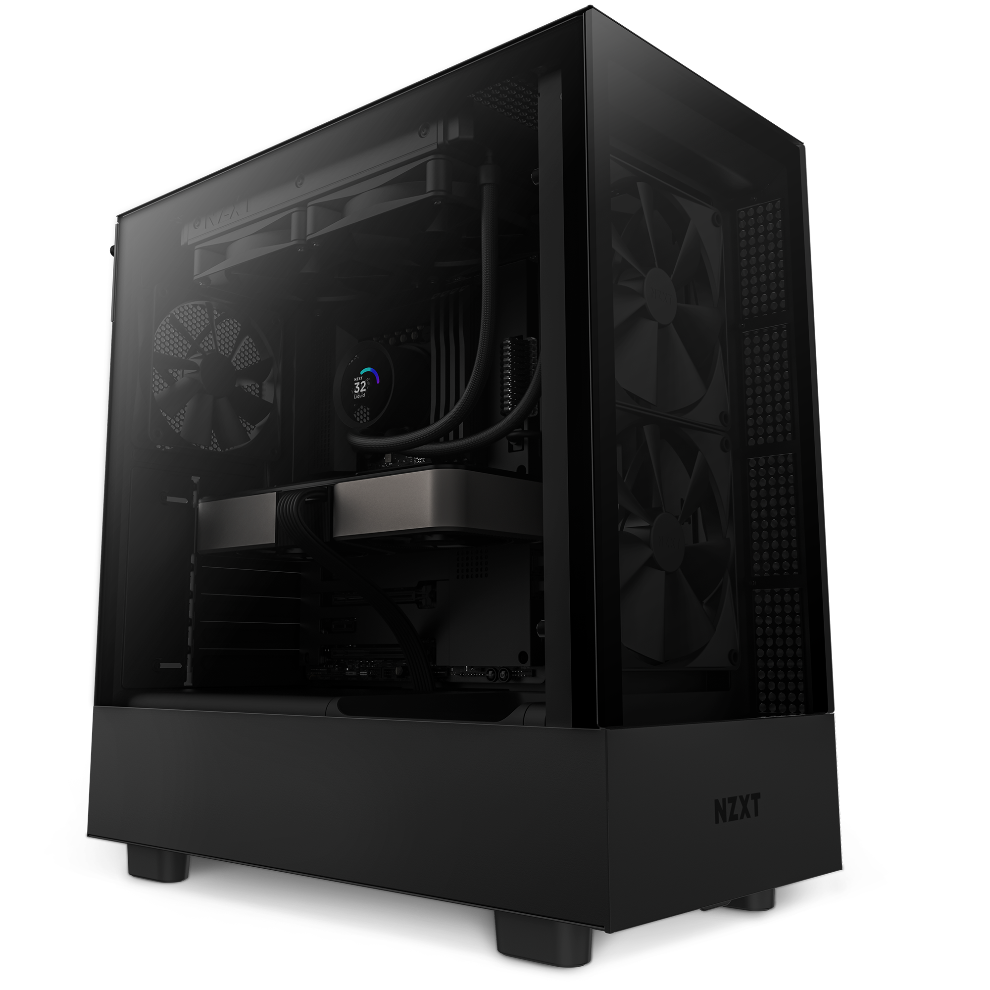 A black NZXT computer case with a transparent side panel displays internal components, including cooling fans, a radiator, and a graphics card, illuminated by soft lighting.