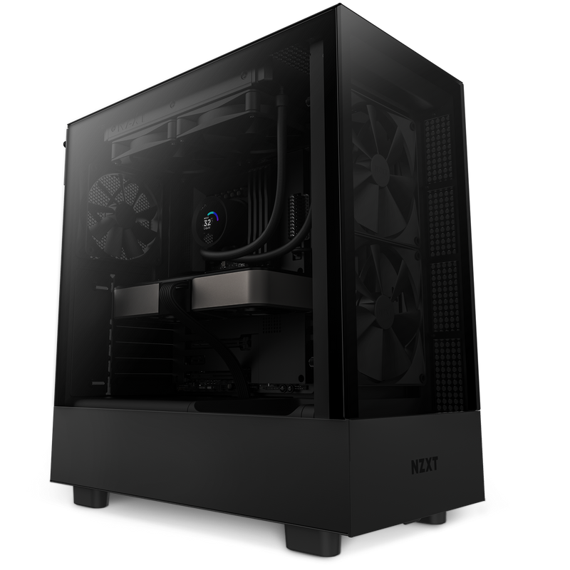 A black NZXT computer case with a transparent side panel displays internal components, including cooling fans, a radiator, and a graphics card, illuminated by soft lighting.