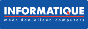Blue rectangular logo with the word INFORMATIQUE in bold white letters, a red cursor over the letter Q, and the Dutch tagline méér dan alleen computers below a red line.