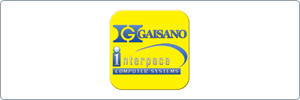 Logo with a yellow background featuring the text GAISANO Interpace Computer Systems in blue and white, along with stylized design elements above and below the text.